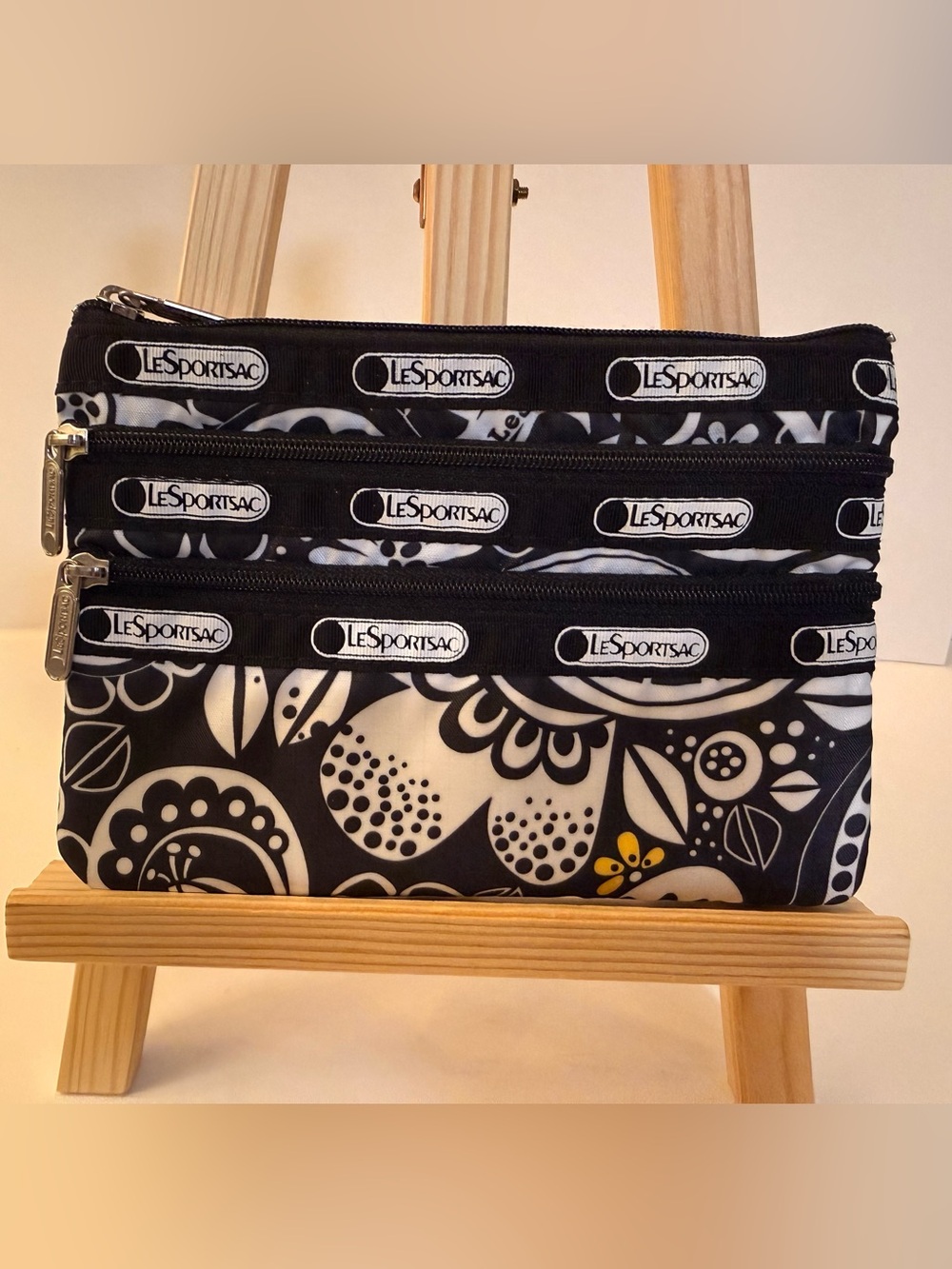 LeSportsac Black and White Floral Travel Organizer with Yellow Accent